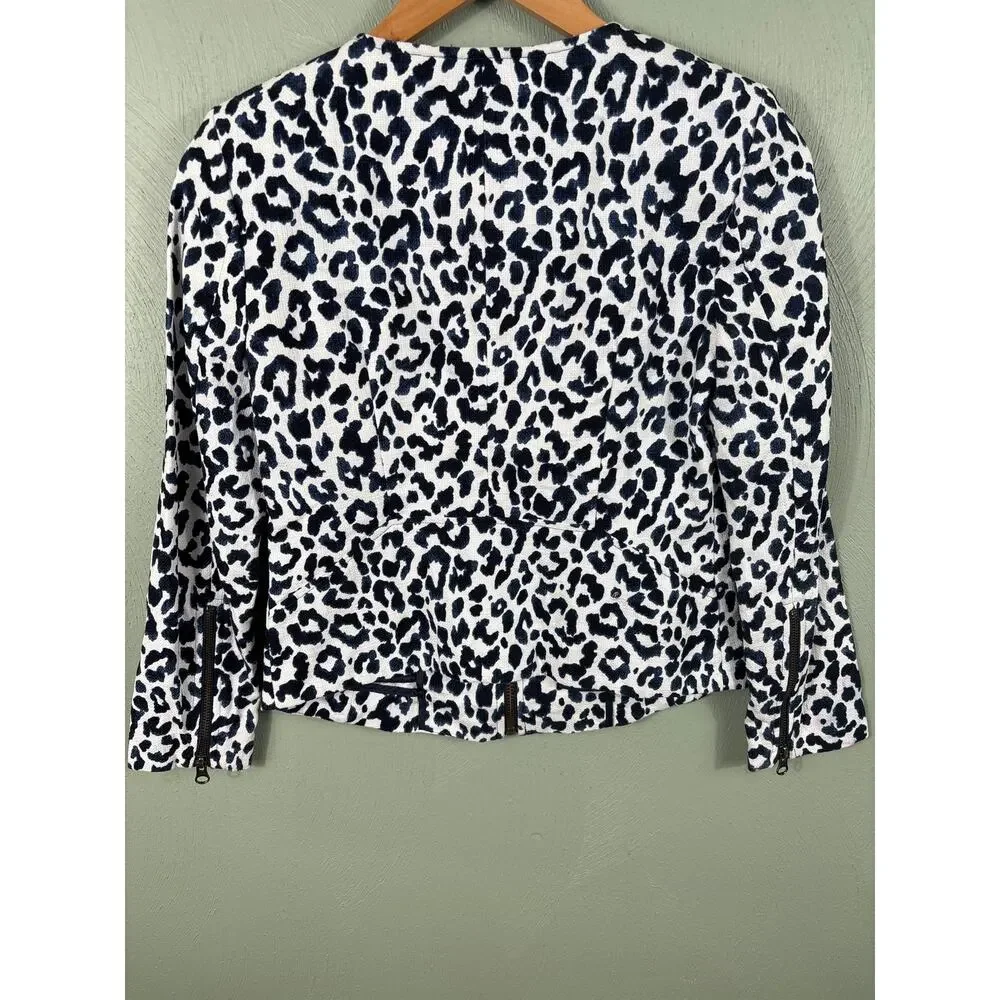 J. Crew Women Size XXS Blue and White Leopard Print Full‎ Zip Moto Bomber Jacket